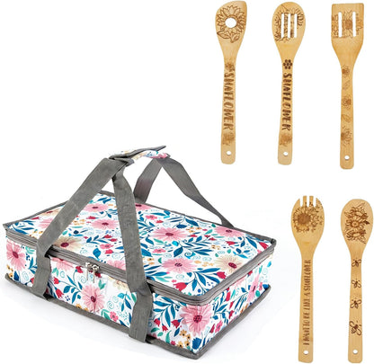 Pioneer Woman Style Insulated Casserole Carrier for Hot or Cold Food, Fits 9x13 Baking Dish,Floral Thermal Lasagna Lugger Tote with Oven Mitts and Pot Holders Set,Gift for Women, Mother's Day.3 PCS