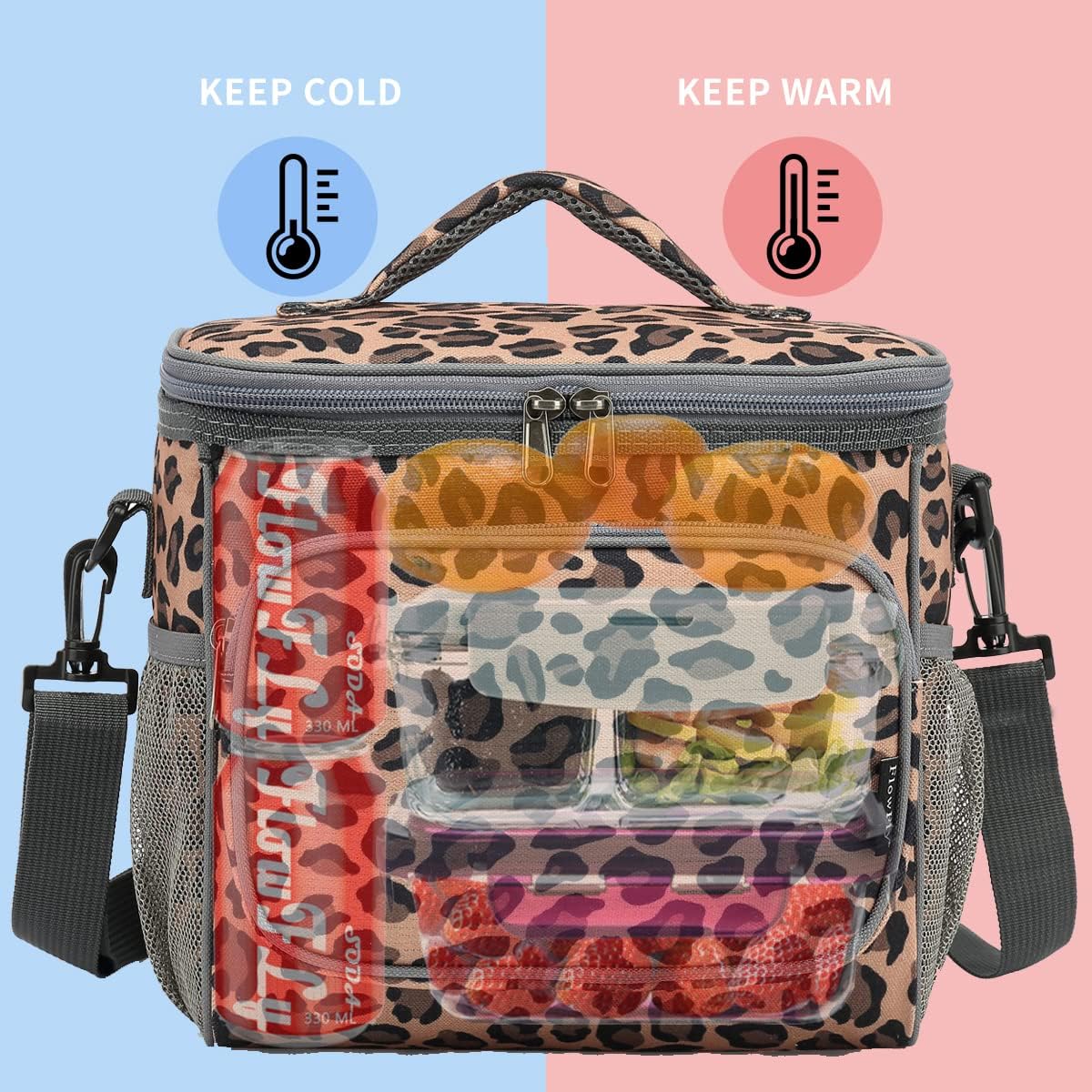 FlowFly Insulated Reusable Lunch Bag Adult Large Lunch Box for Women and Men with Adjustable Shoulder Strap,Front Zipper Pocket and Dual Large Mesh Side Pockets,Cherry - Colors A