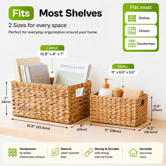 Water Hyacinth Storage Baskets Set of 2 with Handles, Rectangular Storage Baskets for Shelves, Open-Top Wicker Shelf Baskets for Closet, Bathroom, Pantry & Home Organization