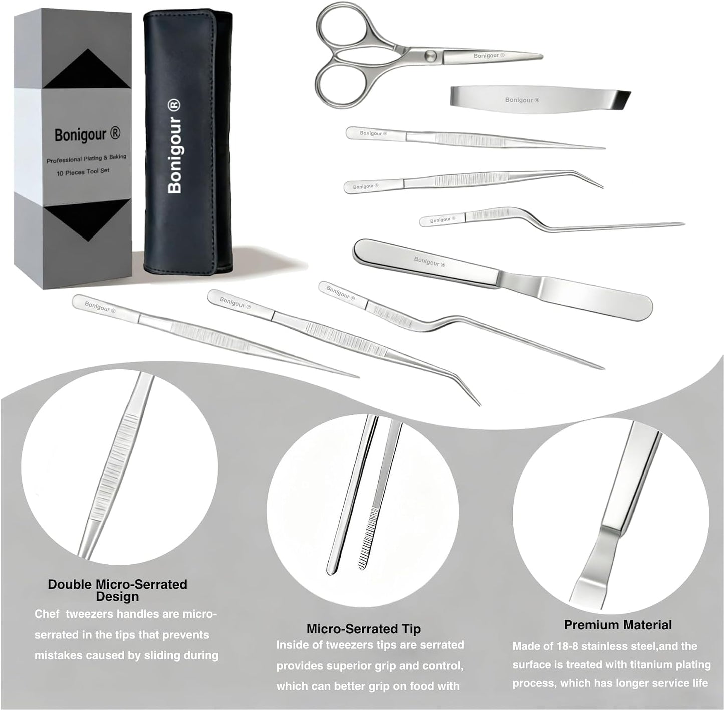 | Pastry Chef's Plating Tools Culinary Set | 10 Piece Professional Pastry Chef Plating Utensils | Spatula, Tweezers, Chef Scissors for Biscuit Decoration, Platig | Stainless Steel (Black)