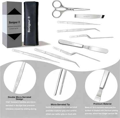 | Pastry Chef's Plating Tools Culinary Set | 10 Piece Professional Pastry Chef Plating Utensils | Spatula, Tweezers, Chef Scissors for Biscuit Decoration, Platig | Stainless Steel (Black)