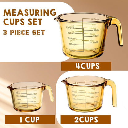 Domensi 3-pack Glass Measuring Cups Set, (1, 2 & 4 Cup) Measuring Cups for Prepping, Baking and Cooking, Preheated Oven, Dishwasher, Freezer, and Microwave Safe, Essential Kitchen Tools
