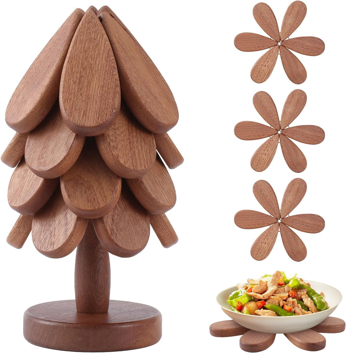 Vertdens Wooden Trivets for Hot Dishes, Hot Dish Coaster with Tree-Shaped Wood Collapsible Hot Pad Trivet Tree for Restaurant, 4 Wooden Trivet + 1 Stand（Walnut Wood）