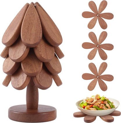 Vertdens Wooden Trivets for Hot Dishes, Hot Dish Coaster with Tree-Shaped Wood Collapsible Hot Pad Trivet Tree for Restaurant, 4 Wooden Trivet + 1 Stand（Walnut Wood）