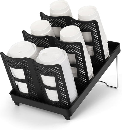 6-Compartment Cup and Lid Holder, Plastic Coffee Cup Holder with Straws Holder, 10-22oz Disposable Paper Cups Organizer for Countertop, Station, Bar,Office, Restaurant, Breakroom