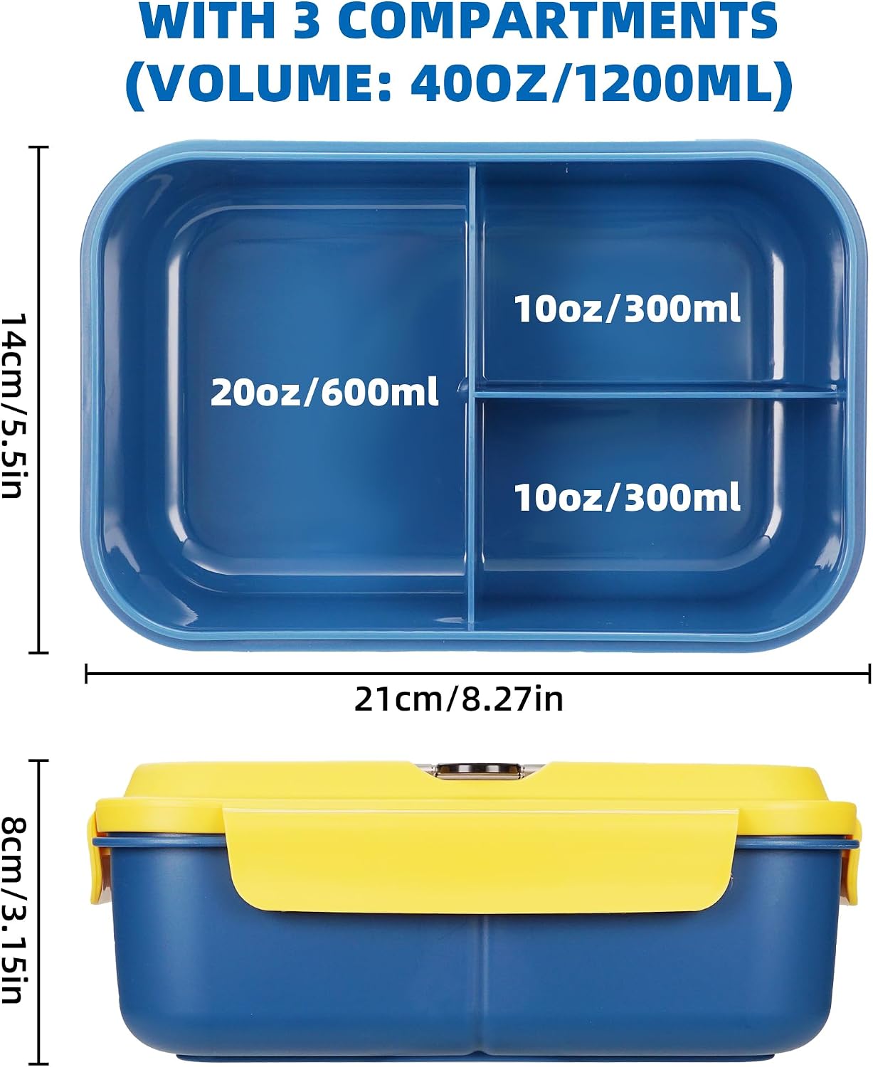 Fanhaw 40 Oz/5 Cup Bento Box for Kids, Men and Women, Lunch Box with 3 Compartments, Utensil, Microwave & Dishwasher Safe (Green)