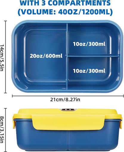 Fanhaw 40 Oz/5 Cup Bento Box for Kids, Men and Women, Lunch Box with 3 Compartments, Utensil, Microwave & Dishwasher Safe (Green)