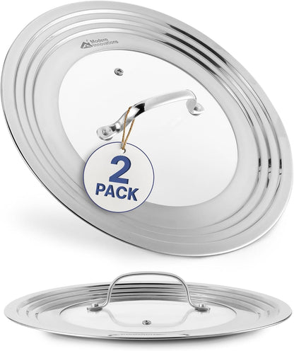 Modern Innovations Universal Lids with Tempered Glass (2 Pack), Fits 8.25 to 12 Inch Pots and Pans, Replacement Frying Pan Covers and Cast Iron Skillet Lids with Stainless Steel Rim