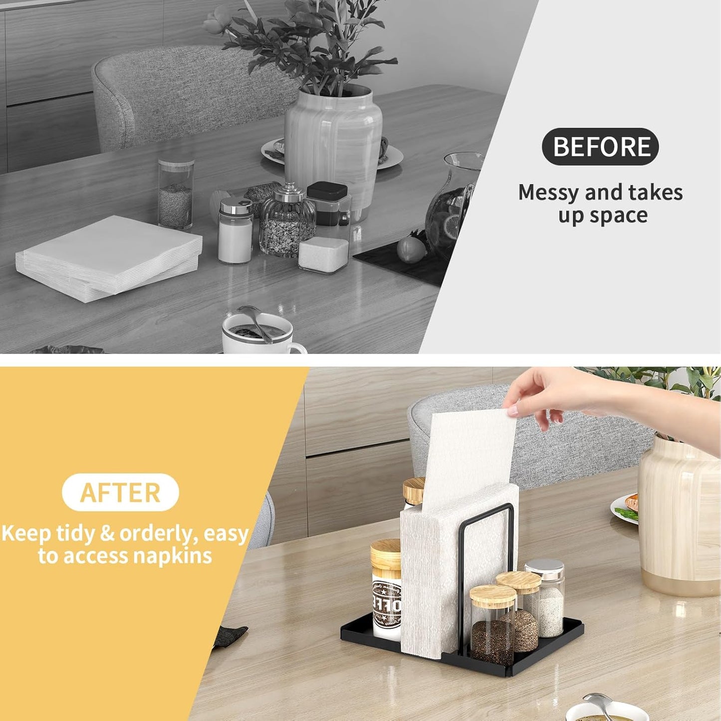 LSK Napkin Holder, Metal Napkin Holder for Table with Salt and Pepper Shakers Caddy, Napkin Storage Dispenser for Kitchen Dinner Table and Picnic Decors, Gold