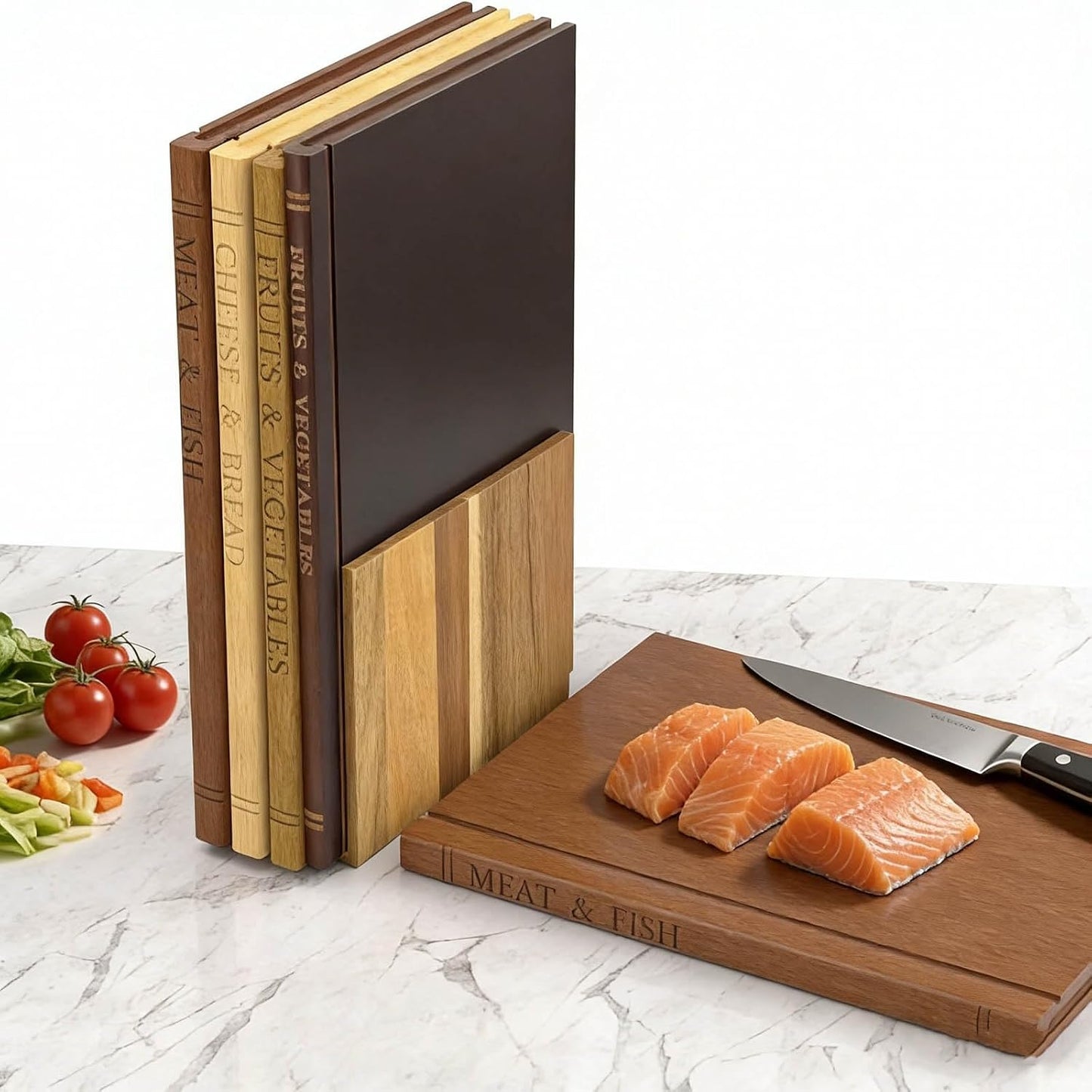 Large Wood Cutting Boards Set of 3 for Kitchen Meal Prep & Serving, Cutting Board That Looks like Books, Wooden Charcuterie Chopping Board with Holder Non Slip Decorative Kitchen Gift