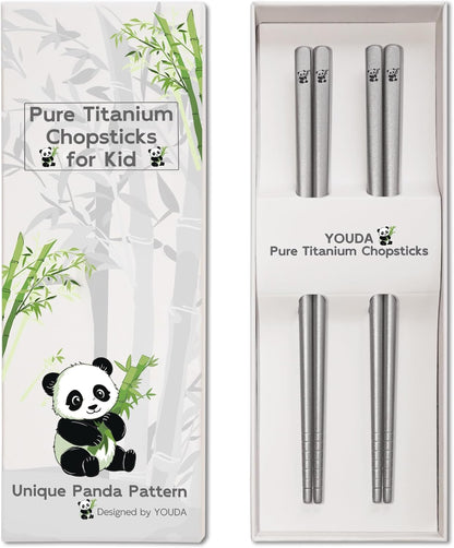 1 Pair Titanium Chopsticks-Unbreakable Camping & Travel Utensils, Panda Laser Engraved Lightweight Chopsticks Gift Set with Carry Case, Drawstring Bag/Dishwasher Safe(99.8% Pure Titanium)