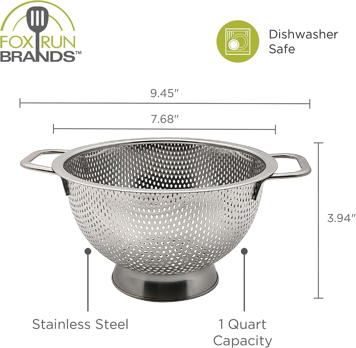 Fox Run Stainless Steel Colander, 4.7 Quart Over The Sink Pasta Strainer