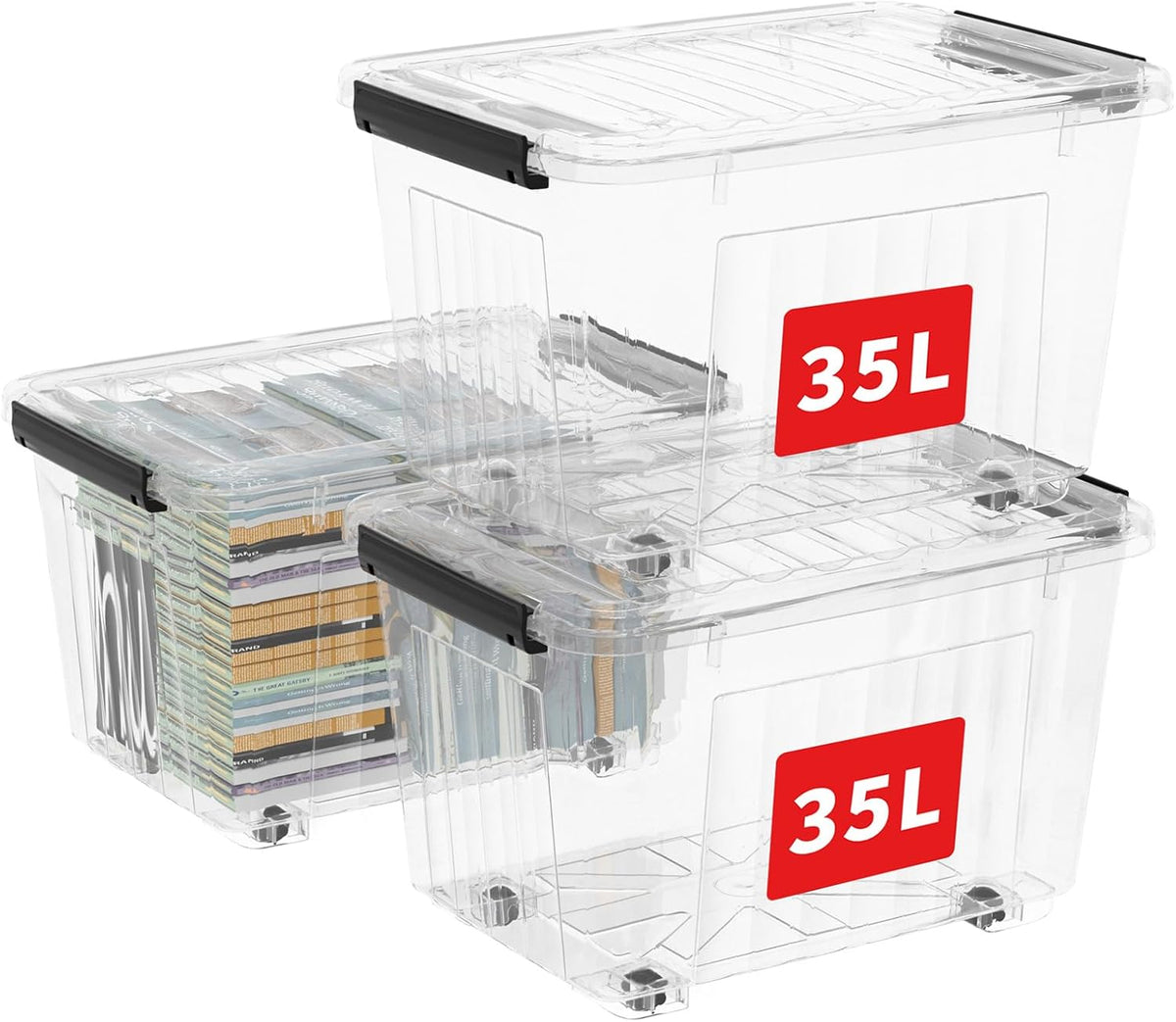Cetomo 60Qt*6 Plastic Storage Bins, Storage Box, 6 Pack, Organizing Container with Wheels, Durable Lids and Secure Latching Buckles, Stackable and Nestable, Clear with Black Buckle
