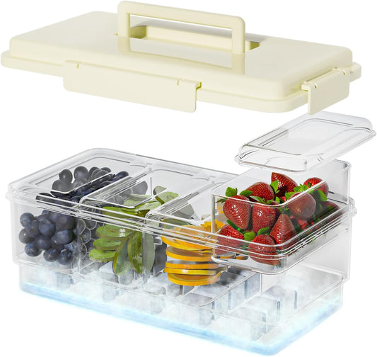 TERGOO Ice Chilled Condiment Caddy with 20 Reusable Ice Cubes, Thickened Condiment Server Tray with Lid for 4 Removable Trays, Portable Snackle Box Container for Bar, Fruit, Salad, Taco, Party Garnish