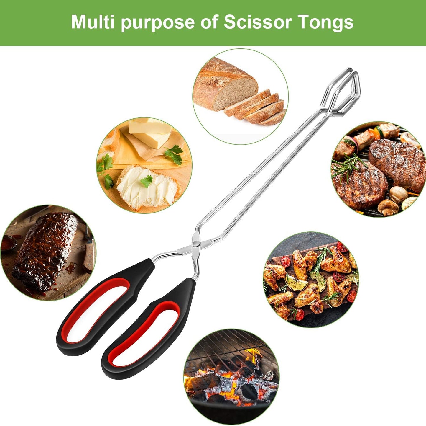 Boao 3 Pack Stainless Steel Scissor Cooking Tongs Kitchen Wire Metal Tongs for Cooking 9-inch 11-inch and 12-inch Heat Resistant Small Scissor tong for BBQ Grilling Tool with Silicone Handle