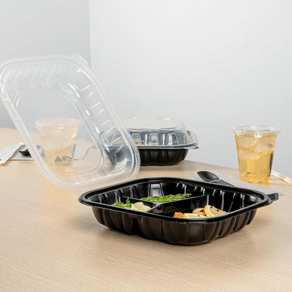 Thermo Tek 40 Ounce Clamshell Containers, 50 Disposable Take Out Boxes - 3 Compartments, Ventilated Lids, Black Plastic Meal Prep Containers, Microwavable, For Pasta Or Salads - Restaurantware