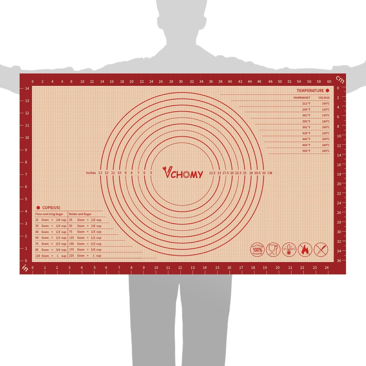 Extra Large Silicone Pastry Mat for Counter Rolling Dough,36x24 Inch,0.75mm Thick,Non Slip Silicone Baking Mat with Measurement(36 x 24 In,Red)