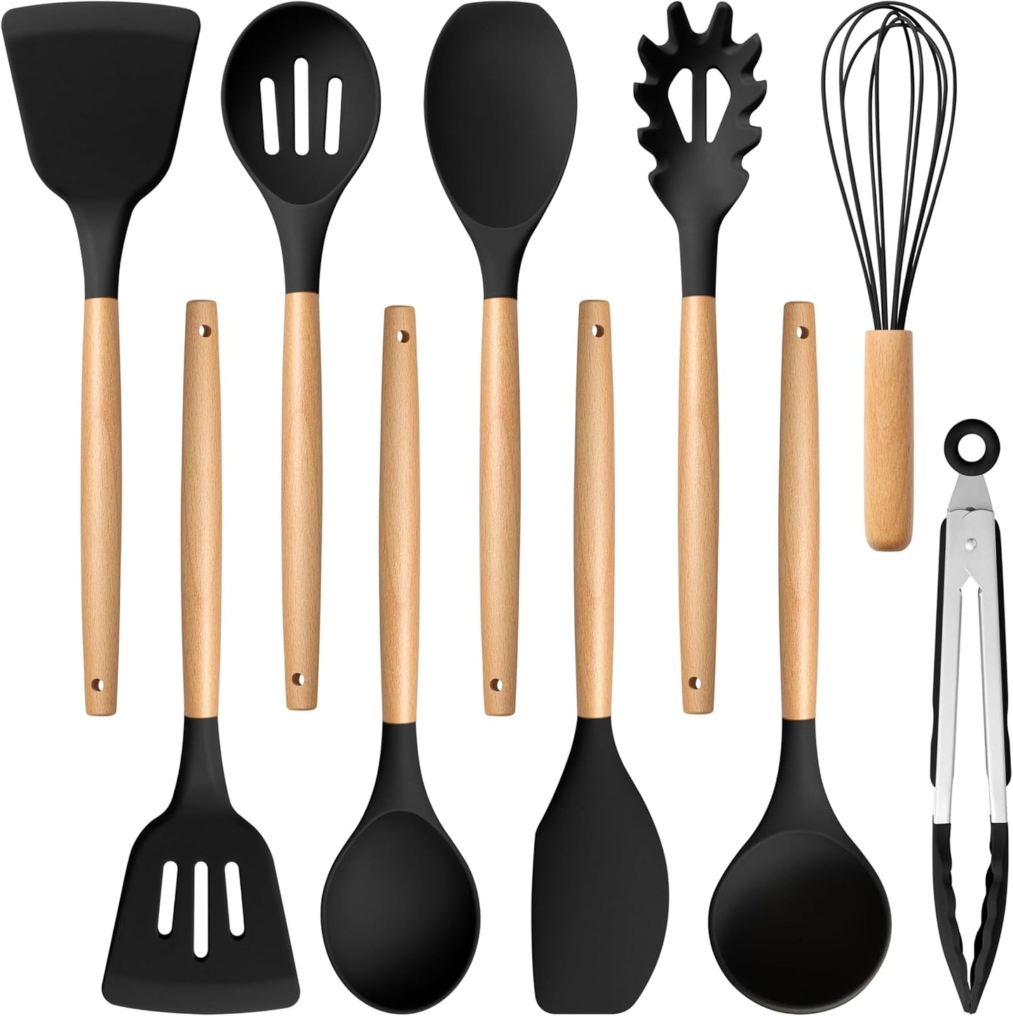 E-far Silicone Cooking Utensils Set, 5-Piece Kitchen Utensils Set with Wooden Handle for Cooking, Silicone Kitchen Nonstick Tools Spatula Turner Slotted Spoons, Nontoxic & Heat Resistant-Khaki