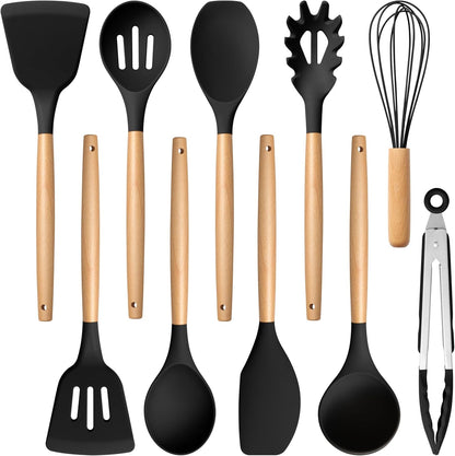 E-far Silicone Cooking Utensils Set, 5-Piece Kitchen Utensils Set with Wooden Handle for Cooking, Silicone Kitchen Nonstick Tools Spatula Turner Slotted Spoons, Nontoxic & Heat Resistant-Khaki