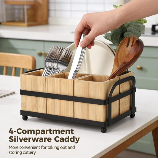 Silverware Caddy for Party, 4-Compartment Wood Utensil Holder with Metal Frame, Paper Plate Holder, Flatware Organizer for Forks, Spoons, Napkins, Countertop Table Buffet