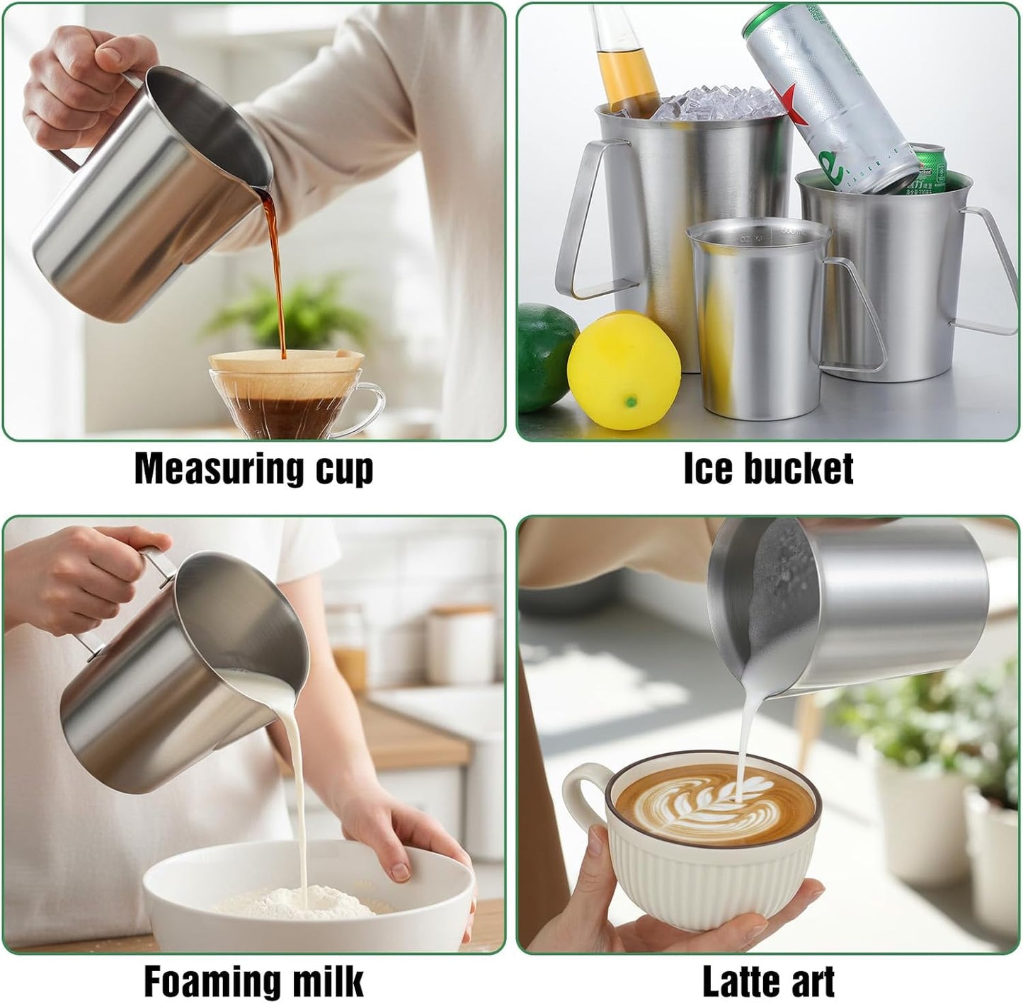3 Pcs Stainless Steel Measuring Cups Set Metal Pitcher with Handle and Pour Spout Marked Pitcher for Latte Art Kitchen Bar 16oz/32oz/64oz (2/4/8 Cup)