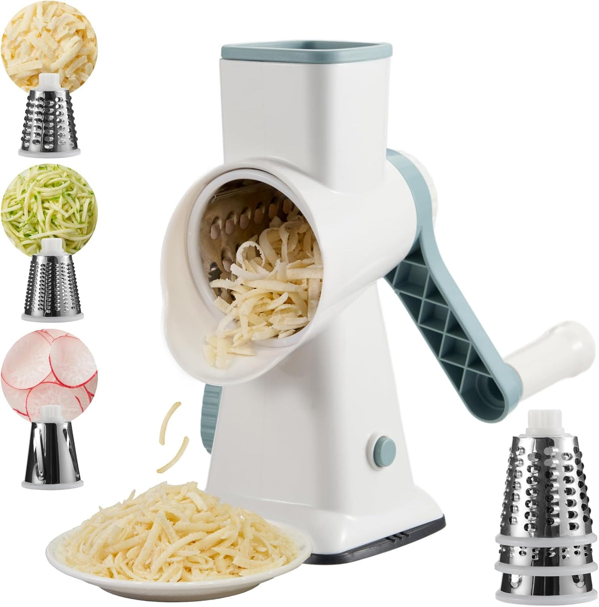 Rotary Cheese Grater hand crank 3 blades with Stronger Suction Base | Stainless Steel Blades for Fruits, Vegetables, Nuts. Dishwasher Safe & Easy to Clean, Transparent Black & Blue