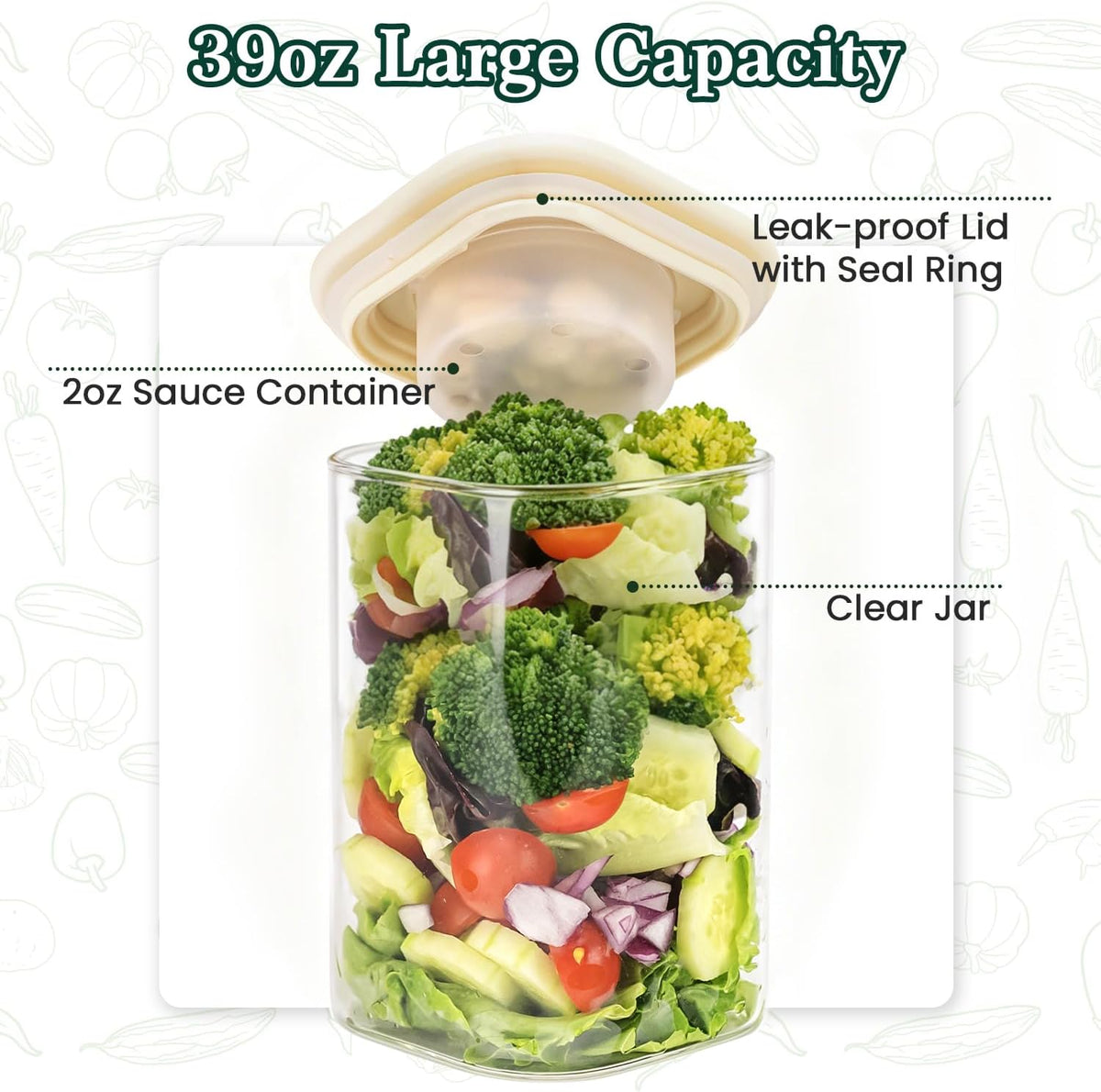 LIBWYS 39oz Large Glass Salad Jars with Lids Meal Prep, 5pack Square Containers for Home Storage & Lunch, Built-In Leakproof Compartments, Wet/Dry Separation for Salad Dressing & Ingredients