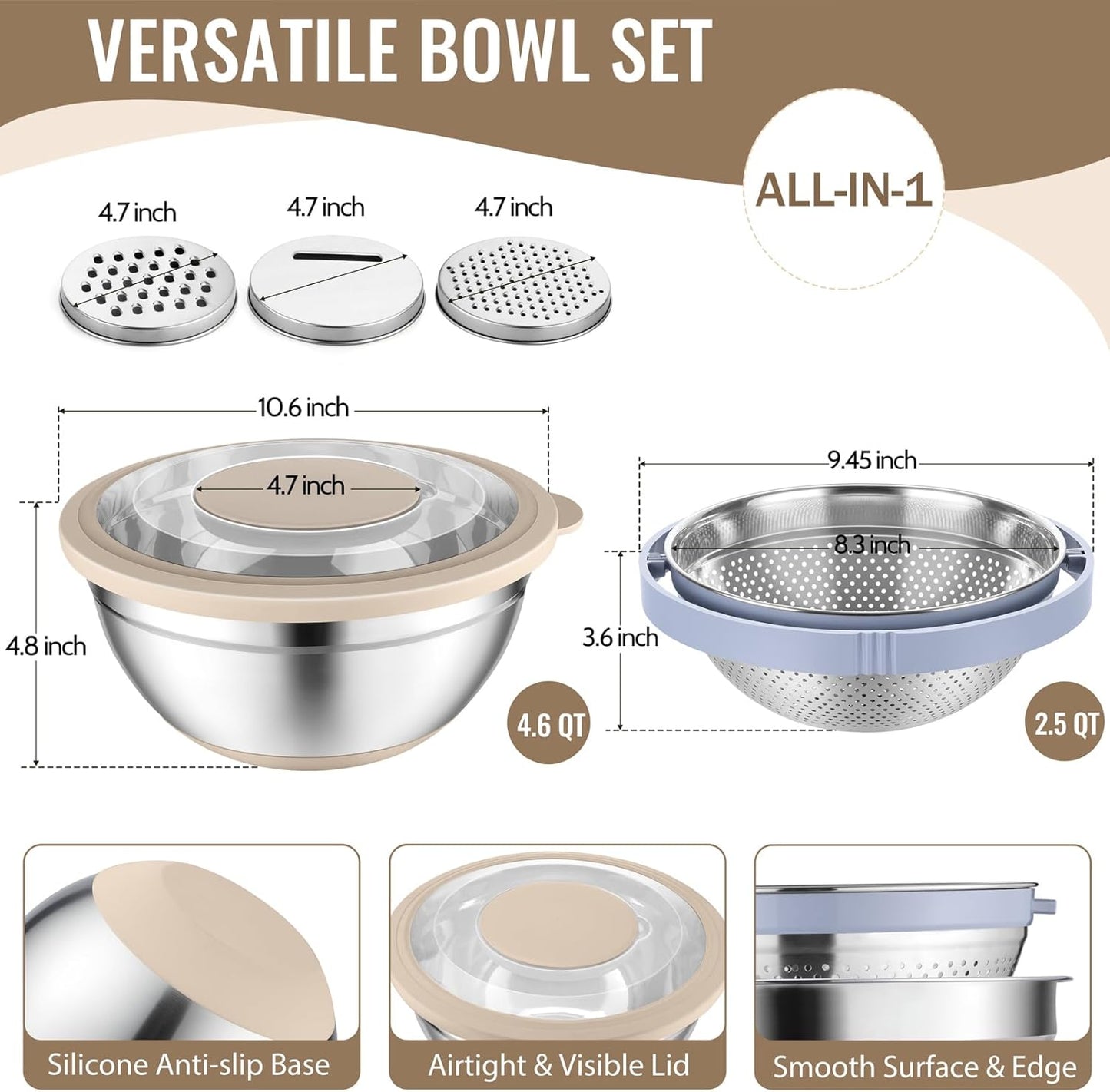 P&P CHEF 4-In-1 Stainless Steel Colander with Bowl Set, Rotatable Strainers for Kitchen, Fruit Cleaner, Washing Fruit & Draining Pasta, Mixing Bowl and Lid with Grater for Salad, Black