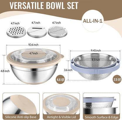 P&P CHEF 4-In-1 Stainless Steel Colander with Bowl Set, Rotatable Strainers for Kitchen, Fruit Cleaner, Washing Fruit & Draining Pasta, Mixing Bowl and Lid with Grater for Salad, Black