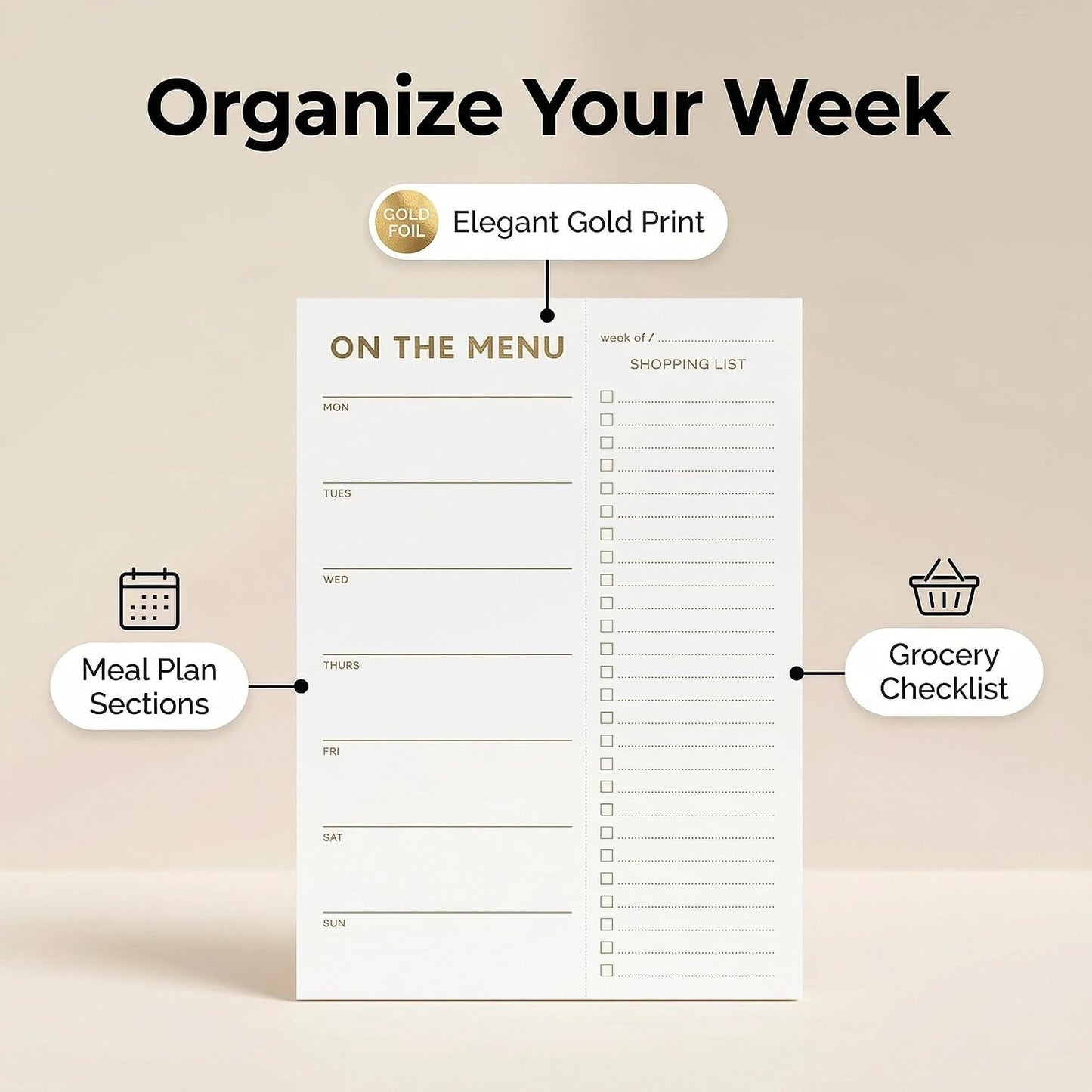 XXINMOH Gold Weekly Meal Planner and Grocery List Magnetic Notepad for Bridge, Meal Planning Pad with Tear Off Shopping List. Plan Weekly Menu Food for Weight Loss or Dinner List for Family (7x10”)
