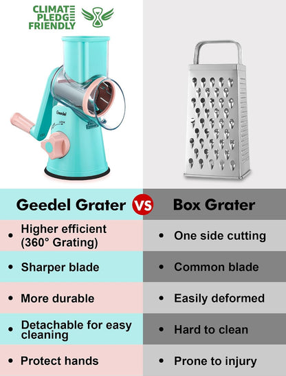 Geedel Rotary Cheese Grater, Kitchen Mandoline Vegetable Slicer with 3 Interchangeable Blades, Easy to Clean Rotary Grater Slicer for Cheese, Vegetables, Nuts