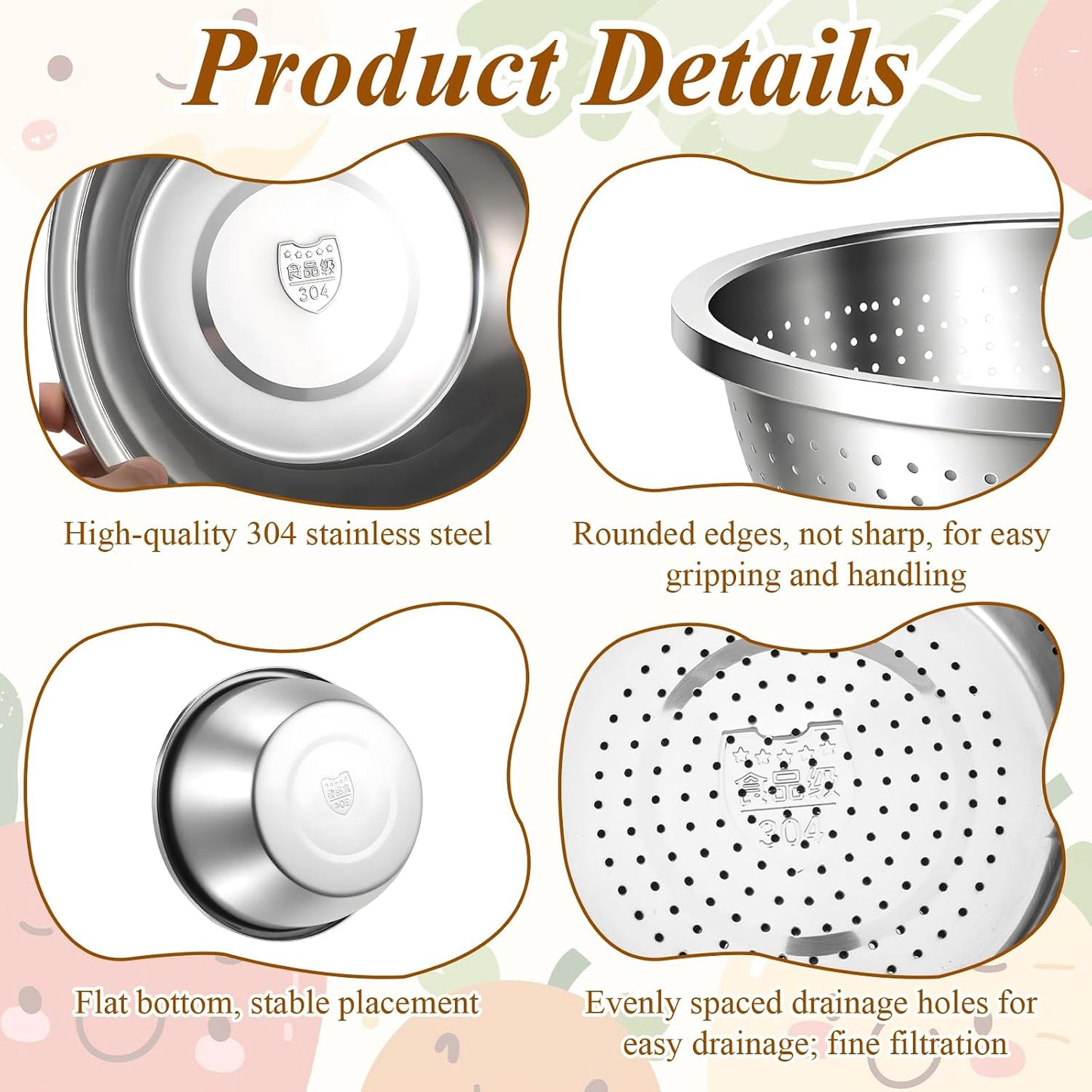 304 Stainless Steel Colander and Strainer, 5QT Large Capacity with Mixing Bowl, Micropore for Washing Rice, Vegetables, Fruit, Grain, Bean, and Draining Cooked Pasta, Dishwasher Safe