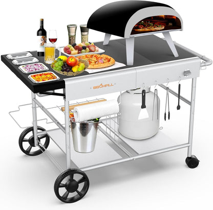 Upgraded Pizza Oven Cart Table for Ooni Koda/Karu/Fyra 16 & 12, Movable Thicken & Widen Rolling Kitchen Cart, Outdoor Grill Stand for Ninja Woodfire,Blackstone Griddle,Barbecue Tool Set