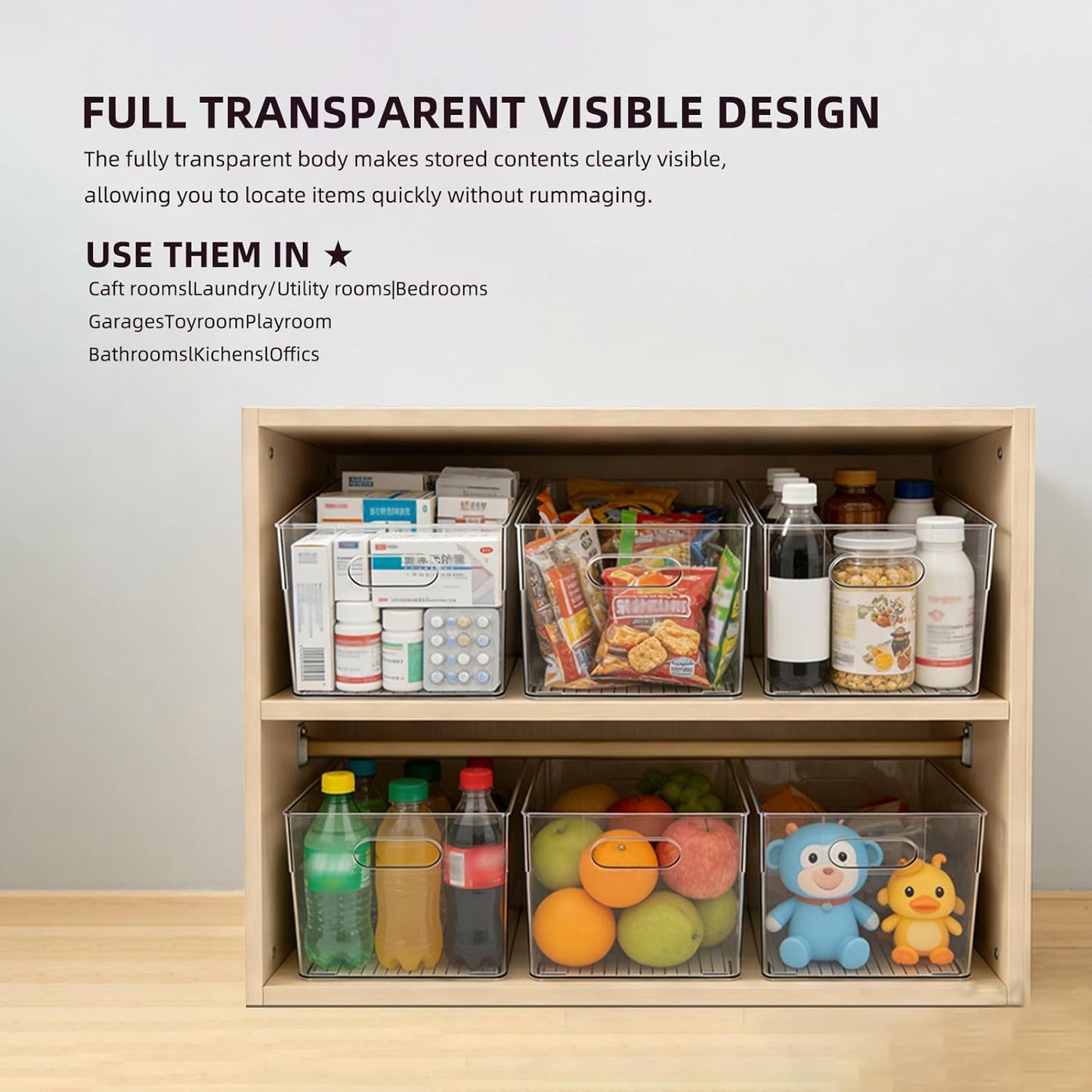 6 Pack Thick Clear Stackable Storage Bins, Cabinet Organizer, Plastiic Containers with Handle for Kitchens, Bathrooms and Fridge and Desktop