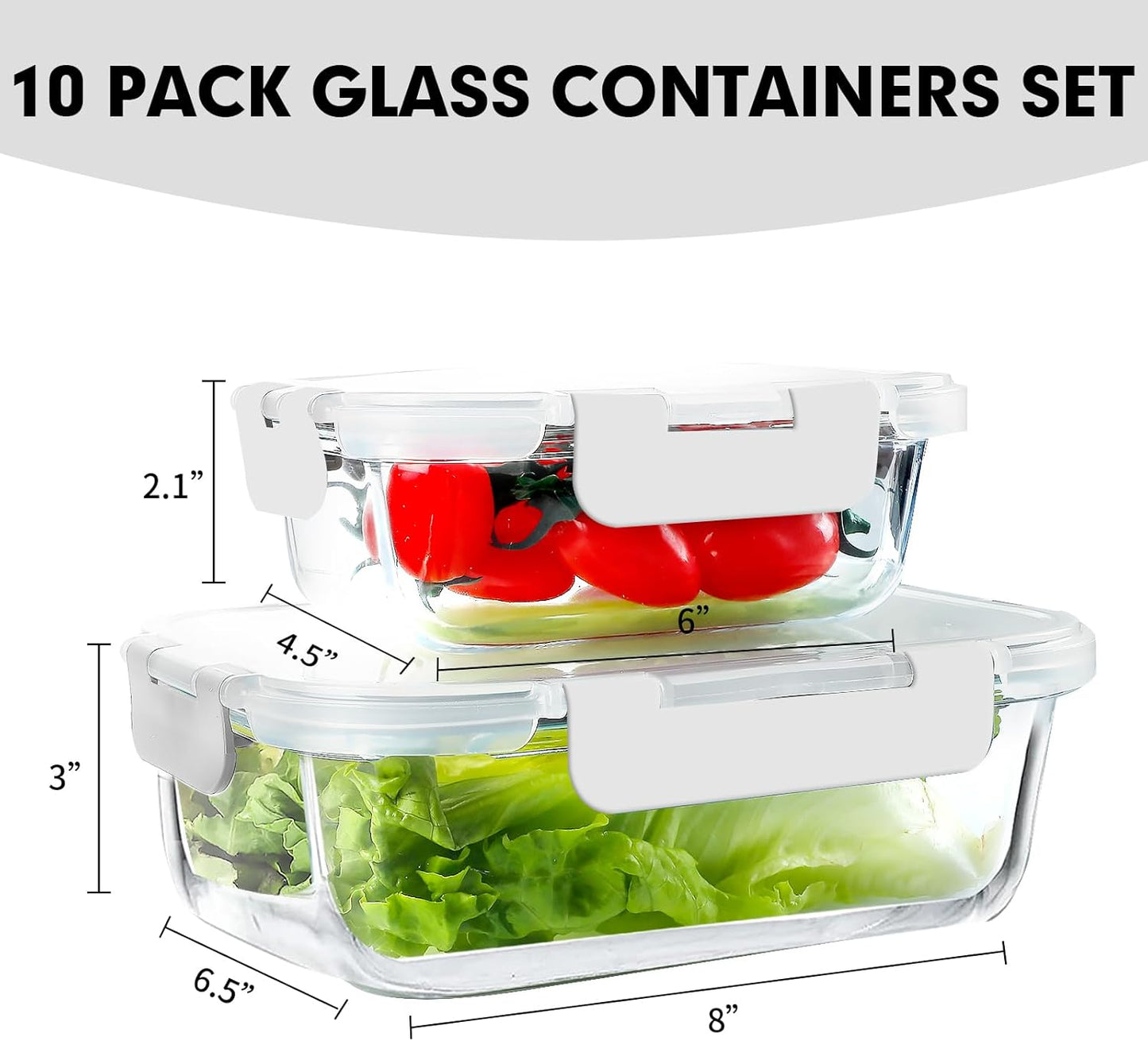 VERONES 10Pack Glass Meal Prep Containers, Airtight Glass Lunch Containers,Stackable Glass Food Storage Containers Set with Lids,Exclusive of BPA, for Microwave,Oven, Freezer&Dishwasher Friendly,Green
