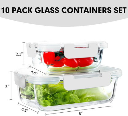 VERONES 10Pack Glass Meal Prep Containers, Airtight Glass Lunch Containers,Stackable Glass Food Storage Containers Set with Lids,Exclusive of BPA, for Microwave,Oven, Freezer&Dishwasher Friendly,Green