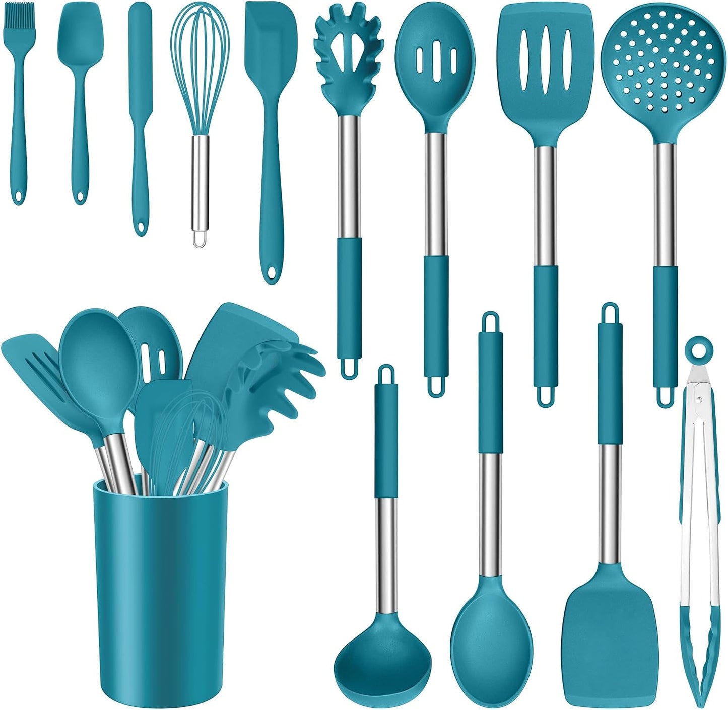 E-far 14 Pieces Silicone Cooking Utensils Set, Kitchen Utensils Set with Holder, Spatula, Ladle, Spoon, Tong, Slotted Turner for Nonstick Cookware, Heat Resistant & Stainless Steel Handle, Black