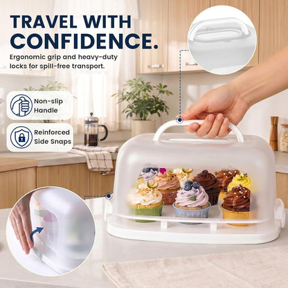 VGOODALL Cupcake and Cake Container with Lid, White Square Cake Carrier 12 Capacity Cup Dessert Holder with Handle for Pie Muffin Cobbler Family Picnics and Party Events, 3-in-1 Design