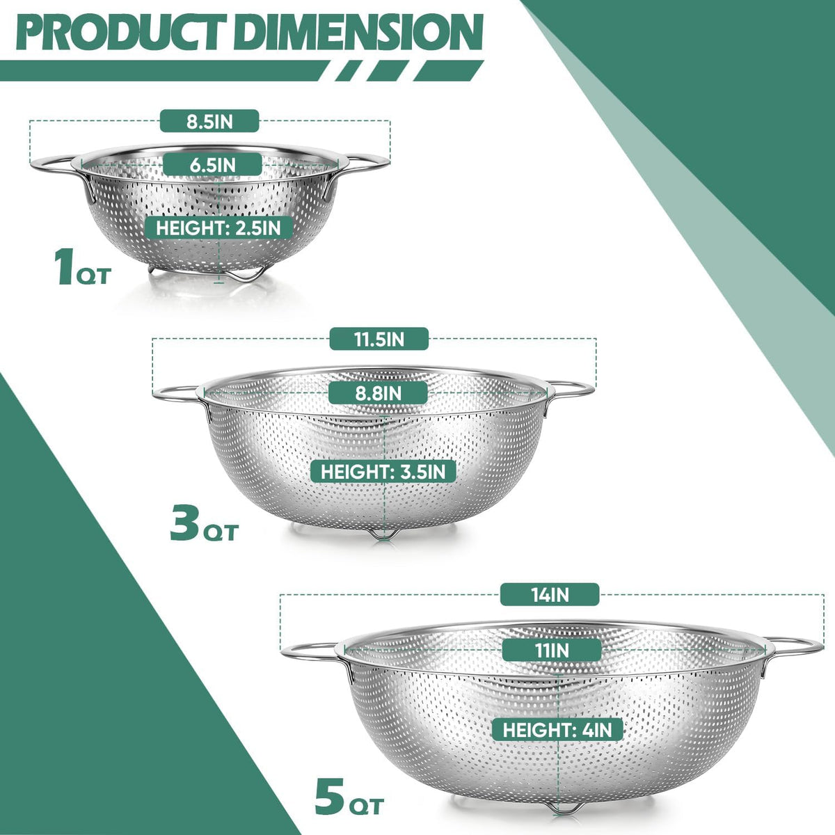 Leonyo Stainless Steel Colanders and Strainer Set, 3 Pack(1-3-5Quart)