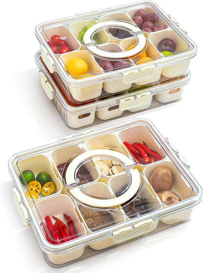 Snackle Box Container,Portable Snack Box 8 Compartment Divided Serving Tray with Lid and Handle,Clear Storage Organizer for Fruit Candy Nuts -Perfect for Road Travel Party（1 Pack）