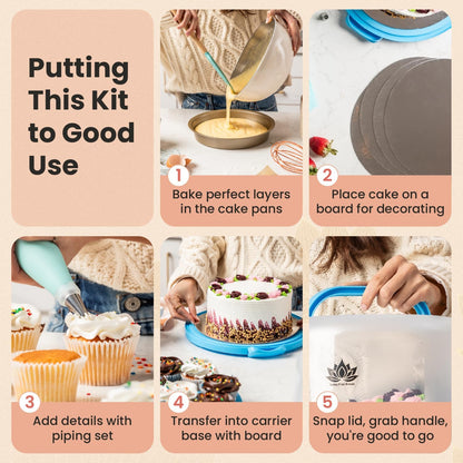 Cake Carrier with Lid and Handle – 10" Cake Storage Container with Baking Accessories, Cake Stand with Baking Pan, Cupcake Tray, Cake Boards & Piping Set