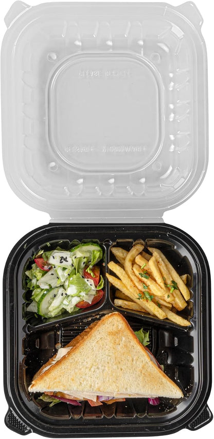 Thermo Tek 40 Ounce Clamshell Containers, 50 Disposable Take Out Boxes - 3 Compartments, Ventilated Lids, Black Plastic Meal Prep Containers, Microwavable, For Pasta Or Salads - Restaurantware