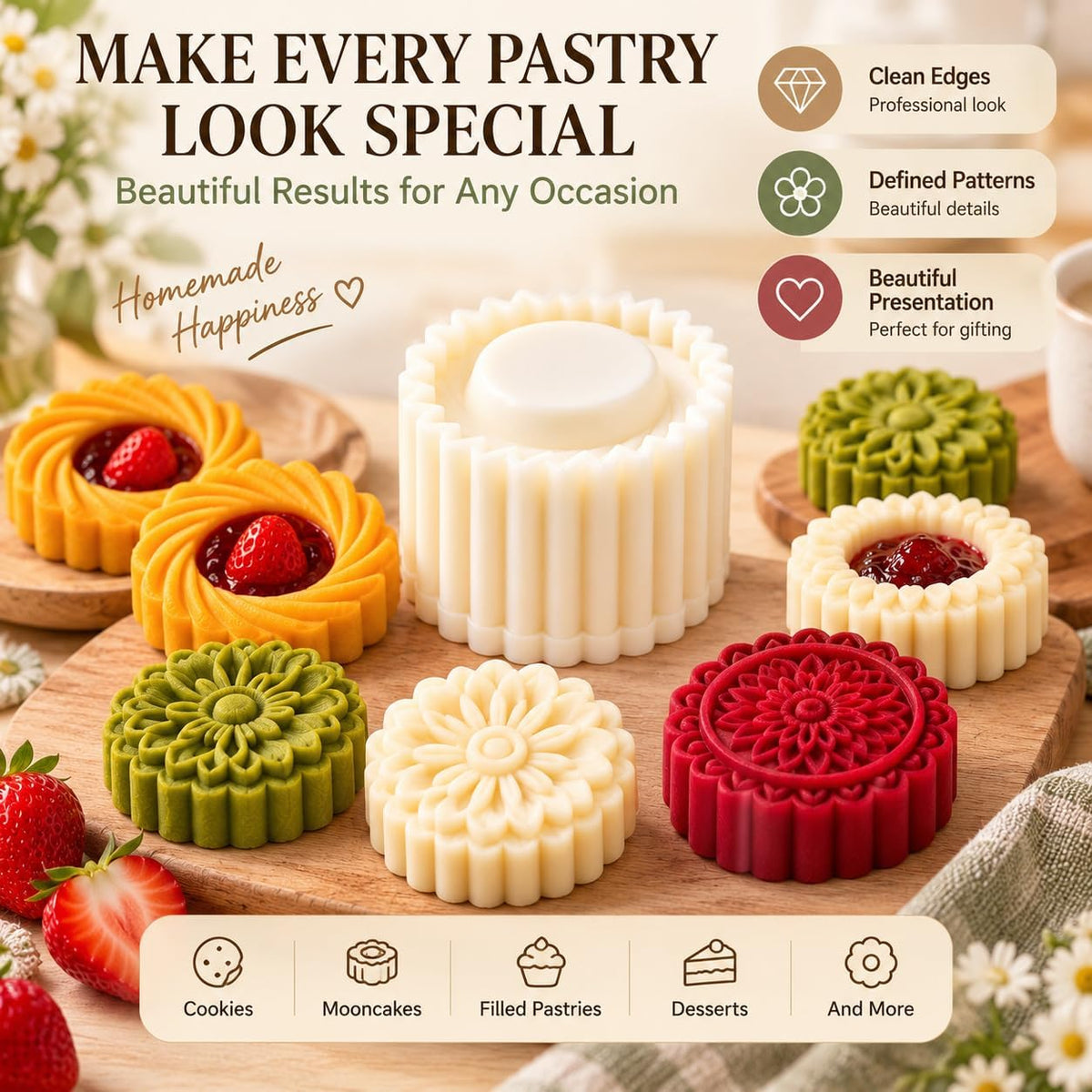 Sunflower Patterned Round Hand Press Mooncake Double Ended Pastry Mold