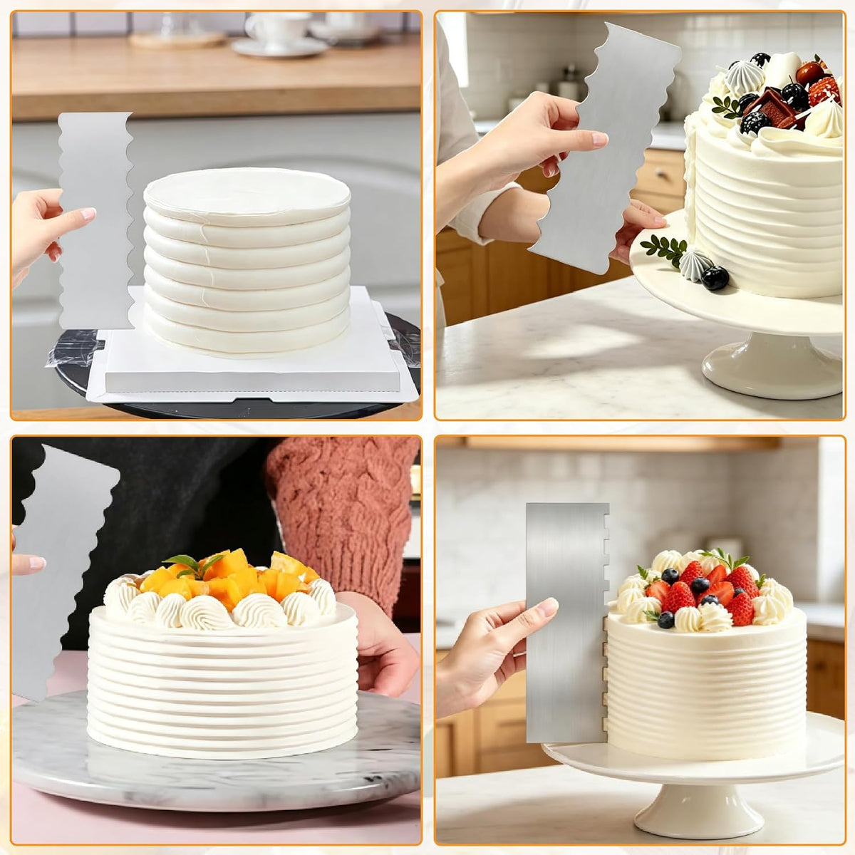 Cake Scraper Set 3PCS, Stainless Steel Flat Convex Wave with Icing Spatula