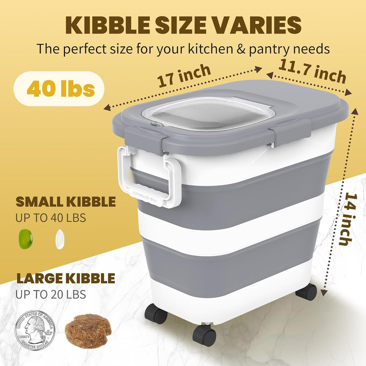 HOYTAMDA 28-40Lbs Rice Container,Collapsible Airtight Food Storage Containers with Wheels,Handle,Rice Storage Container with Small Bin and Scoop,Rice Dispenser for Flour Sugar Cereal Grain Dog Cat