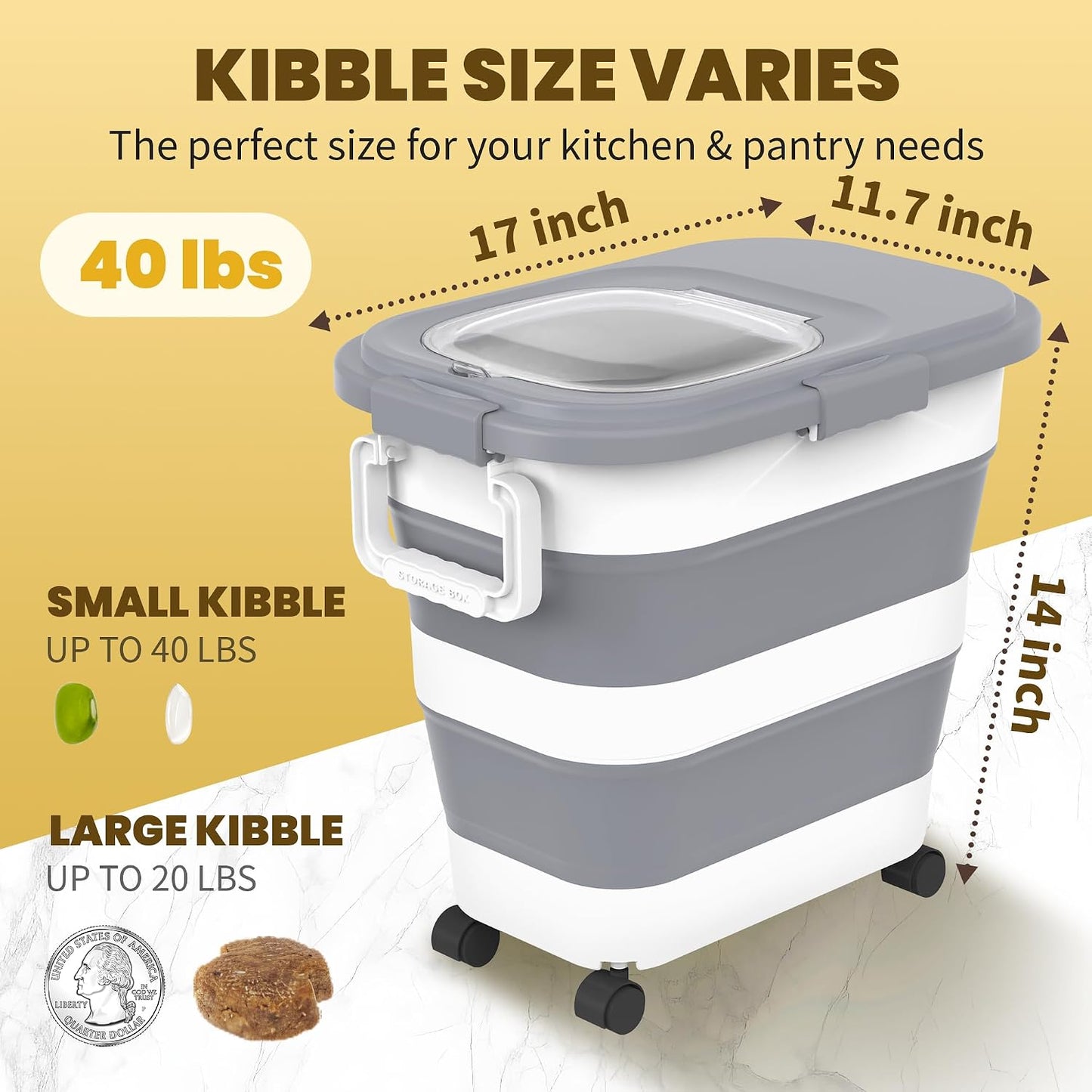 HOYTAMDA 28-40Lbs Rice Container,Collapsible Airtight Food Storage Containers with Wheels,Handle,Rice Storage Container with Small Bin and Scoop,Rice Dispenser for Flour Sugar Cereal Grain Dog Cat