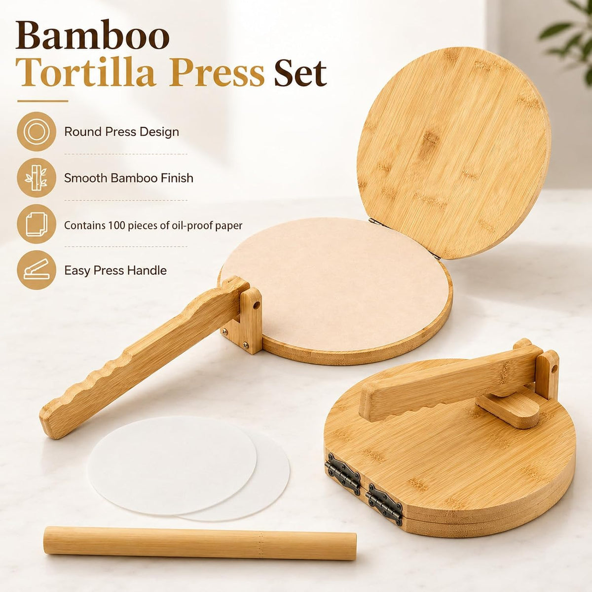 10 Inch Bamboo Round Tortilla Press Set, Mexican Tortilla Maker with 100 Parchment Papers and Rolling pin, Homemade Corn&Flour Flatbread Press for Mexican Tacos, Roti, Patacones
