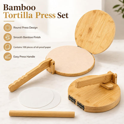 10 Inch Bamboo Round Tortilla Press Set, Mexican Tortilla Maker with 100 Parchment Papers and Rolling pin, Homemade Corn&Flour Flatbread Press for Mexican Tacos, Roti, Patacones