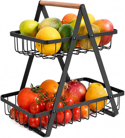 mahueeol 2-Tier Metal Fruit Basket for Kitchen Counter with Wooden Handle | Detachable rectangular baskets hold fruits, vegetables, bread and snacks; use stacked or separately in kitchens and pantries