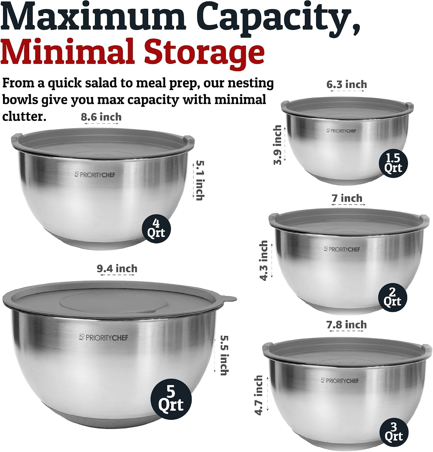 Priority Chef Stainless Steel Mixing Bowls with Lids Set, Metal Nesting Bowls with Airtight Lids, Graters, Non-Slip Base & Measurement Marks, Includes Utensil Set for Prep, Baking & Storage, Black